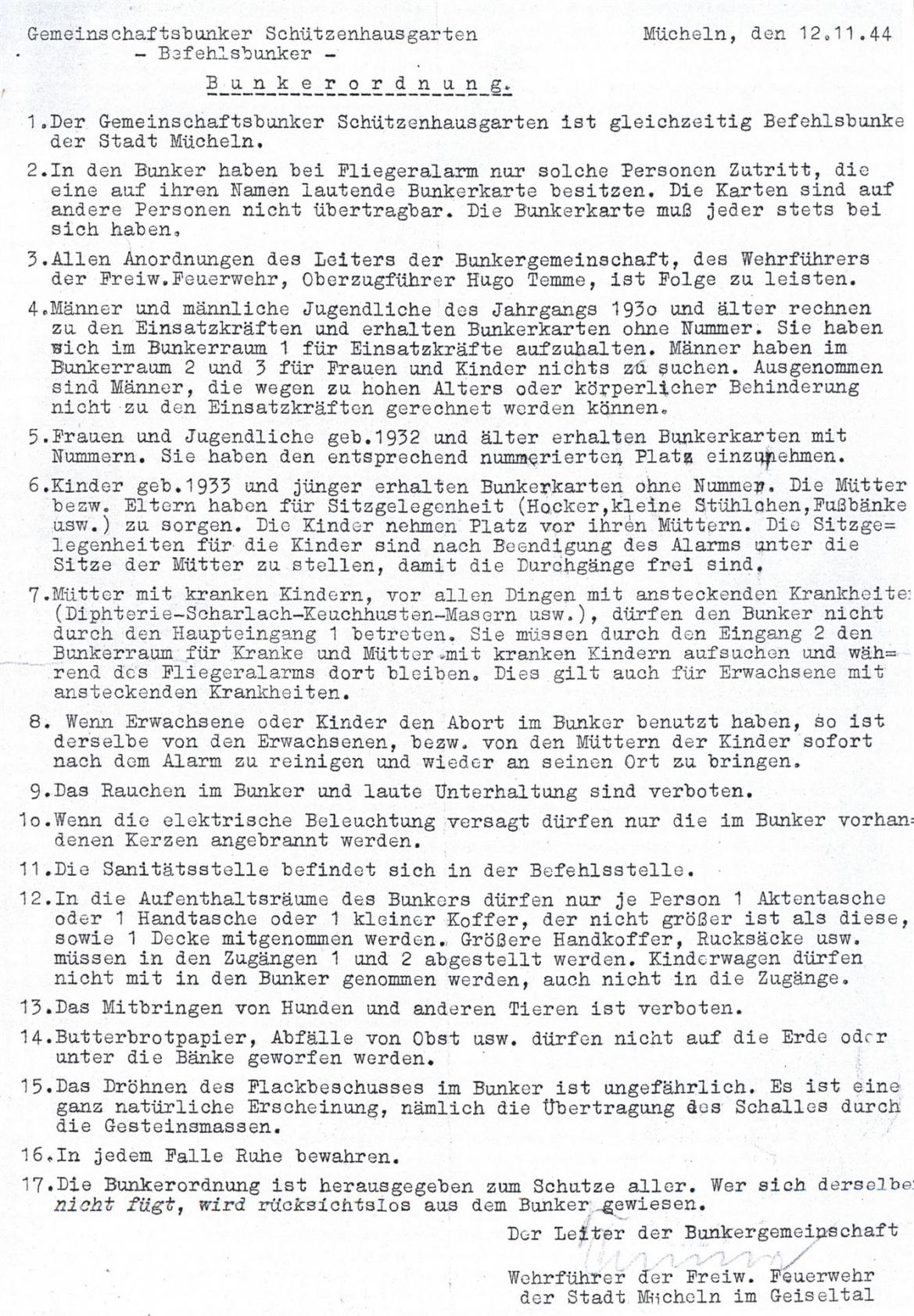 Bunkerordnung Schützenhausgarten (Befehlsbunker)